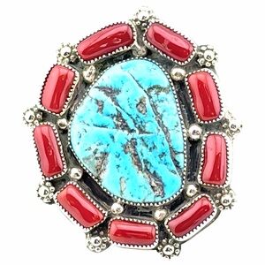 Vintage Navajo, Sterling Kingman Turquoise & Coral Ring